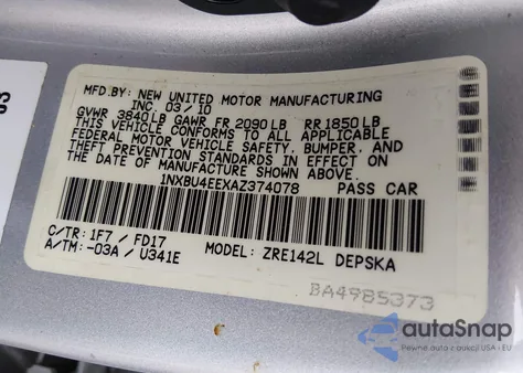 2010 Toyota Corolla S z USA, uszkodzony, nr VIN 1NXBU4EEXAZ374078